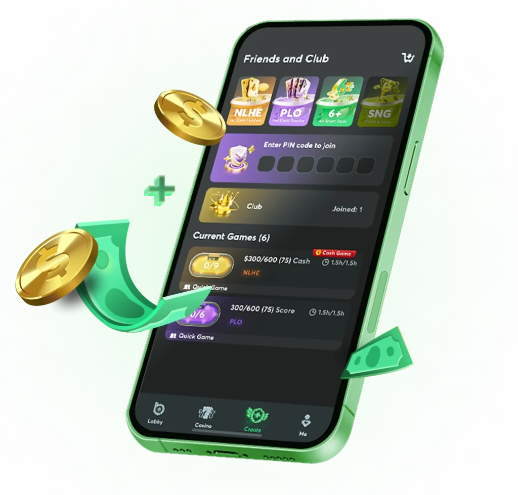 BC Poker friends and club interface on mobile showing private games, PIN entry, cash tables and invite system with bonus coins